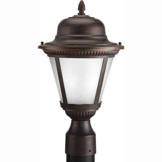 Westport LED Collection 1-Light Antique Bronze Etched Seeded Glass Traditional Outdoor Post Lantern Light