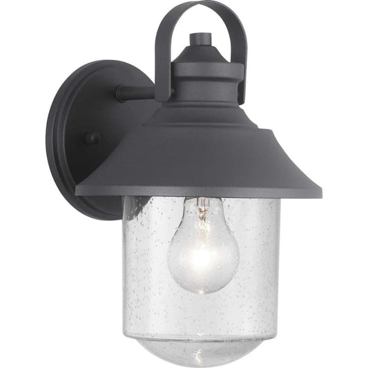 Weldon Collection 1-Light Textured Black Clear Seeded Glass Farmhouse Outdoor Medium Wall Lantern Light