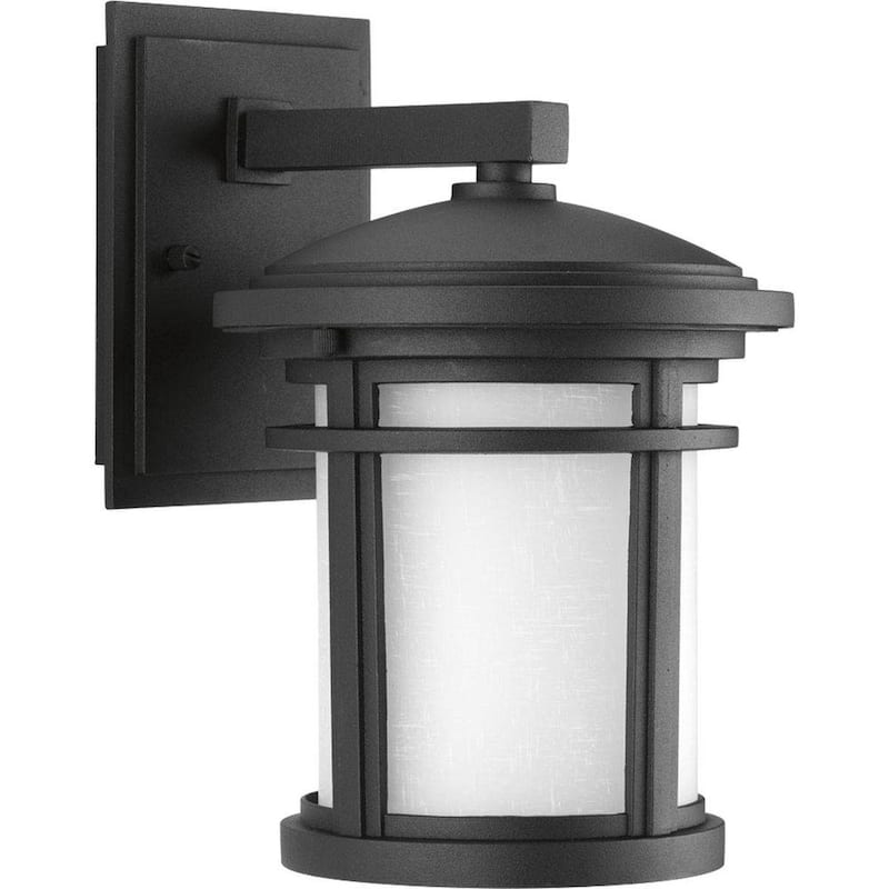 Wish Collection 1-Light Textured Black Etched White Linen Glass Craftsman Outdoor Small Wall Lantern Light