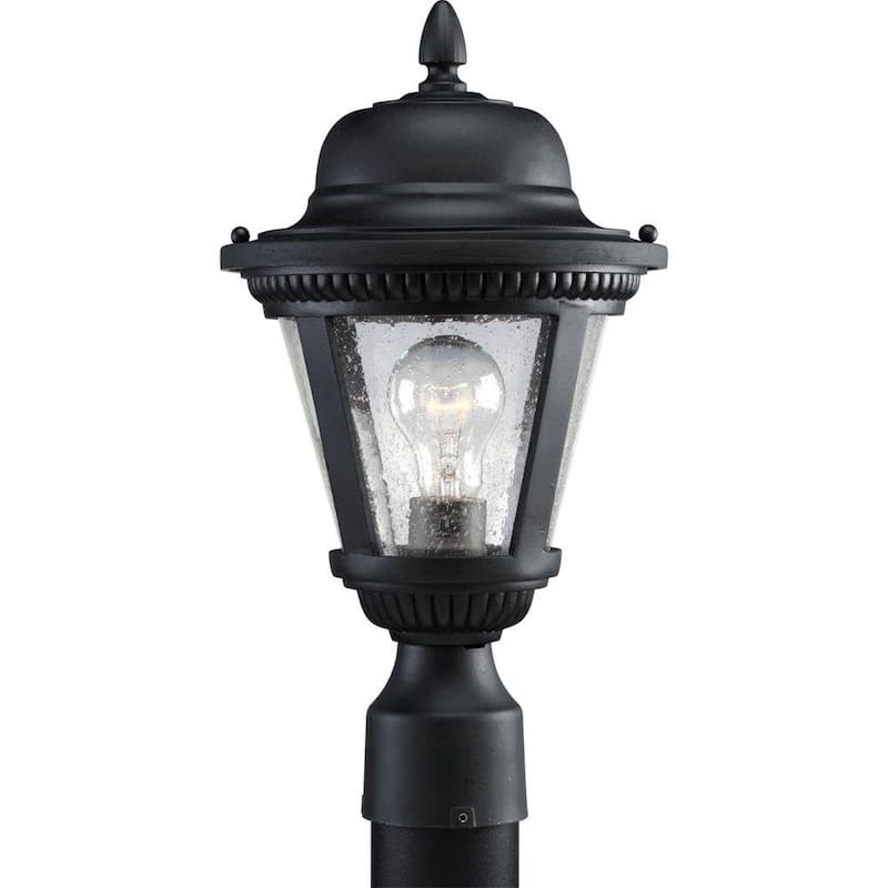 Westport Collection 1-Light Textured Black Clear Seeded Glass Traditional Outdoor Post Lantern Light