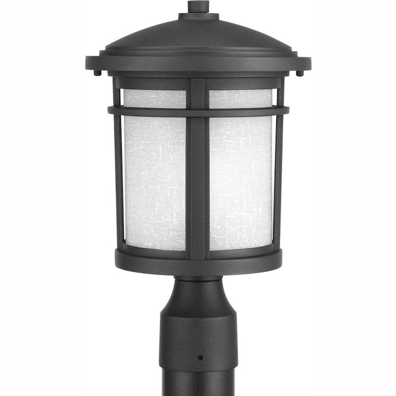 Wish LED Collection 1-Light Textured Black Etched White Linen Glass Craftsman Outdoor Post Lantern Light