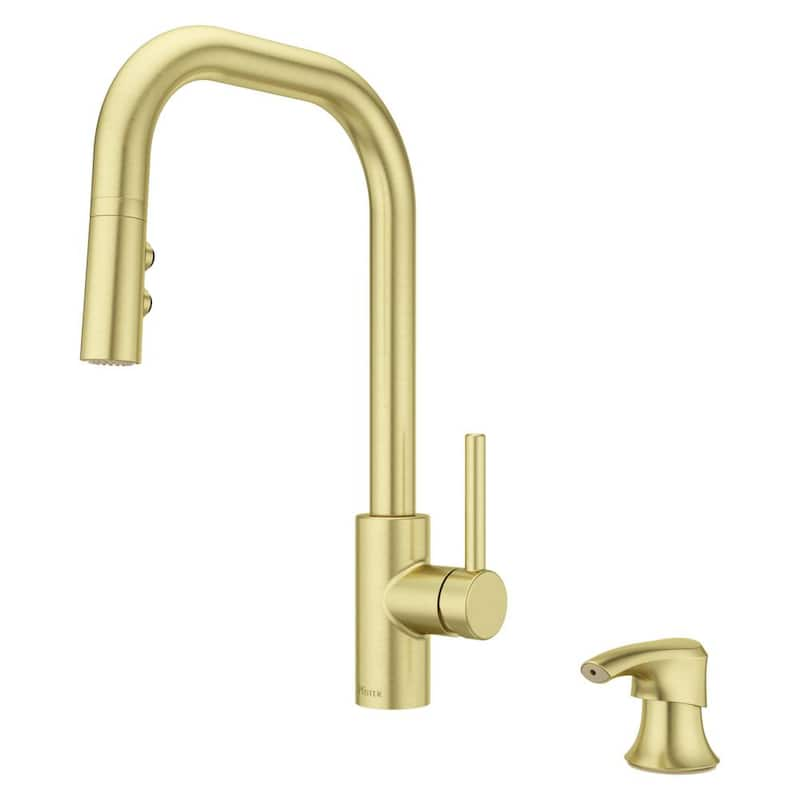 Zanna Single Handle Pull Down Sprayer Kitchen Faucet with Deckplate and Soap Dispenser in Brushed Gold