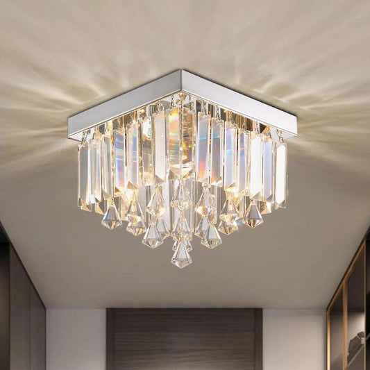 10 in. Modern 2-Light Chrome Crystal Ceiling Light Flush Mount Small Square Chandelier for Entrance Bathroom