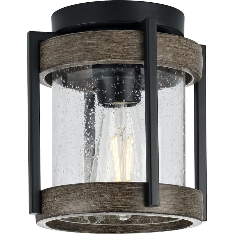 Whitmire 1-Light Matte Black with Aged Oak Accents Clear Seeded Glass Farmhouse Outdoor Ceiling Mount Light