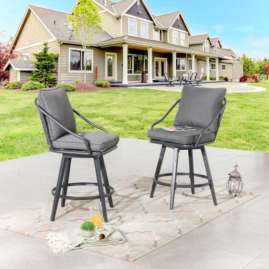 Wicker Outdoor Bar Stools with Grey Cushions (2-Pack)