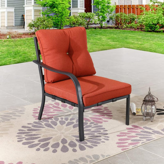 1-Piece Metal Outdoor Patio Lounge Chair with Red Cushions