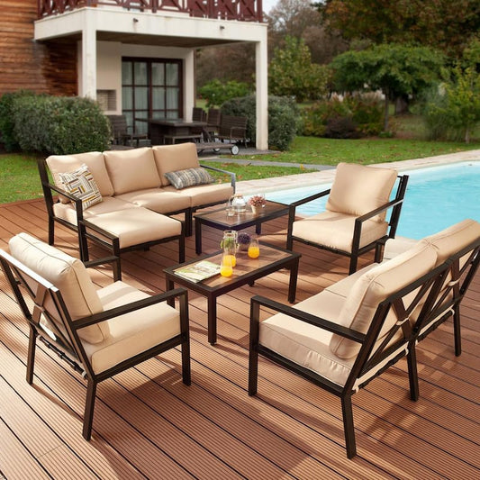 X-Back 10-Piece Metal Patio Conversation Seating Set with Beige Cushions