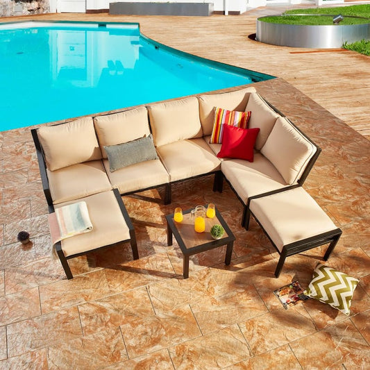 X-Back 8-Piece Metal Patio Conversation Seating Set with Beige Cushions