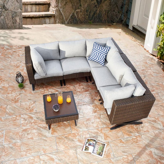 X-Leg 6-Piece Wicker Patio Conversation Sectional Seating Set with Gray Cushions