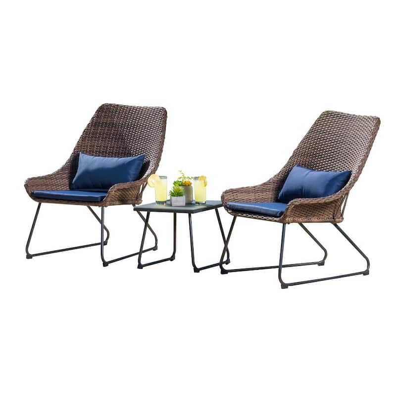 Woodbury 3-Piece Brown Wicker Patio Conversation Set with Blue Cushions