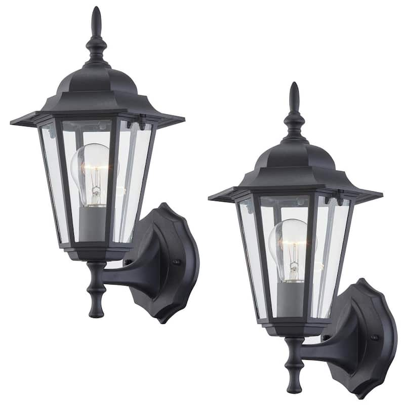 1-Light Textured Black Not Solar Outdoor Wall Lantern Sconce with Clear Glass (2-Pack)