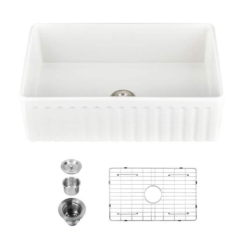 White Fireclay 33 in. Single Bowl Farmhouse Apron Kitchen Sink with Bottom Grid and Basket Strainer