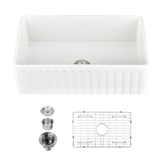 White Fireclay 33 in. Single Bowl Farmhouse Apron Kitchen Sink with Bottom Grid and Basket Strainer