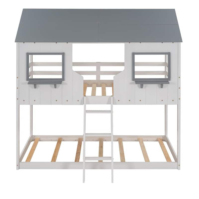 White Twin over Twin Wood Bunk Bed with Roof