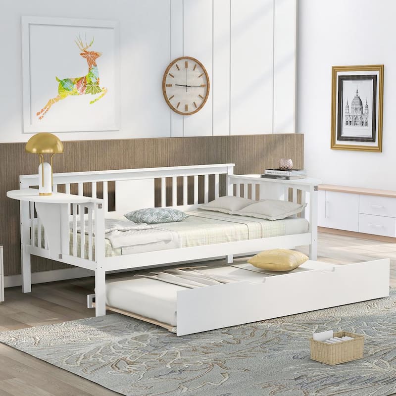 White Twin Size Wooden Daybed with Trundle