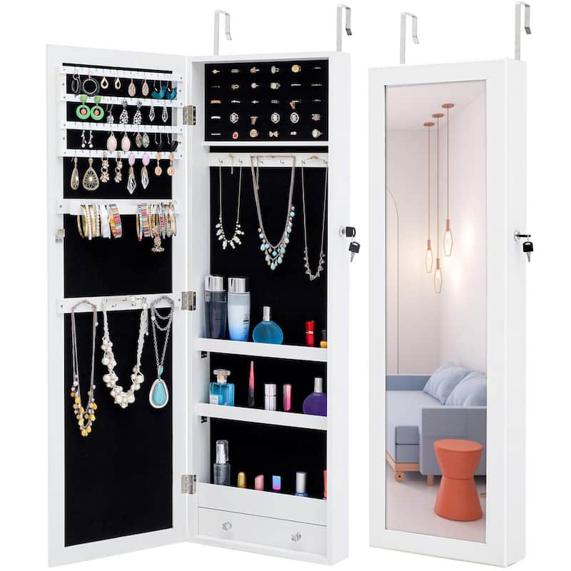 White Jewelry Armoire Storage Mirror Cabinet (14.2 in. W x 3.9 in. D x 43.3 in. H)