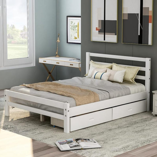 White Full Size Wood Platform Bed with 2-Drawers