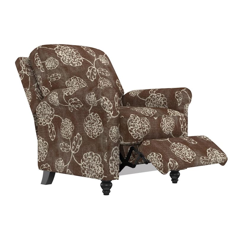 Woven Chocolate Brown and Creamy White Floral Fabric Push Back Recliner Chair